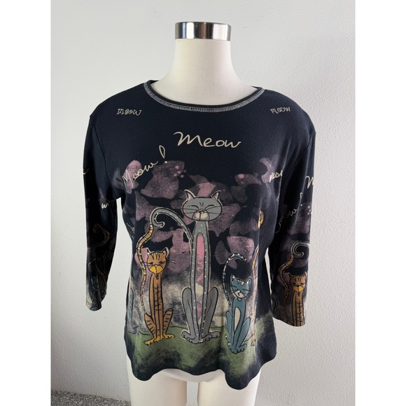 Jess & Jane Tops - Jess & Jane Womens Large Meow Meow Cat Black Cotton Top USA 3/4 Sleeve Shirt